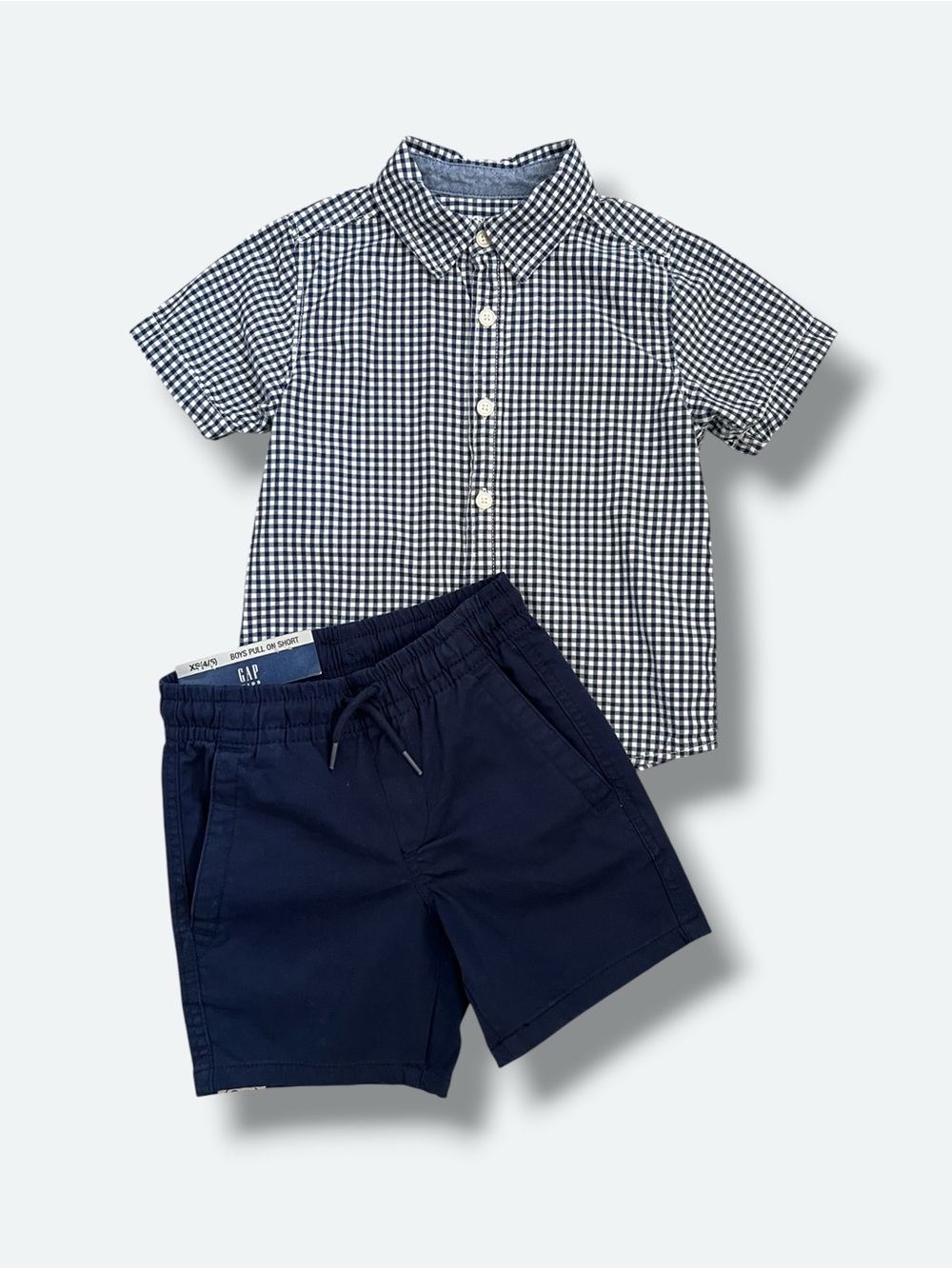 Gap Kids OshKosh Boys 4/5 Gingham Shirt Navy Pull On Shorts 2 Piece Outfit